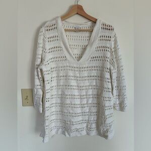Chico's Women White Crochet Sweater Top V Neck Linen Cotton 3 XL Beachy Coastal